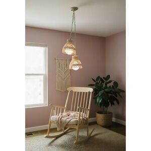 Vintage Rattan Double Pendant Light Scalloped Wicker Boho Chandelier Brass Chain